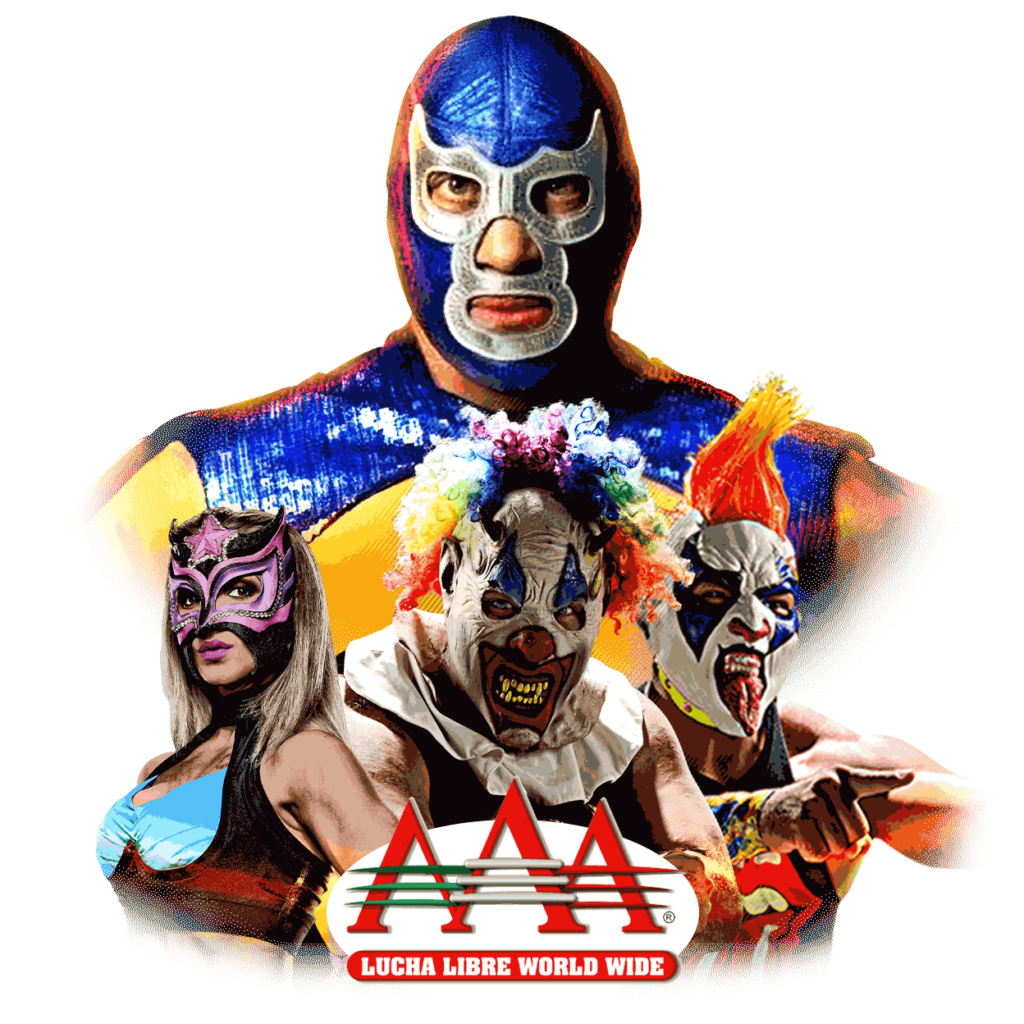 Luchadores de lucha libre en phoenix con máscara acompañados del logotipo de la AAA